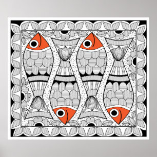 Póster Madhubani 4 peixes