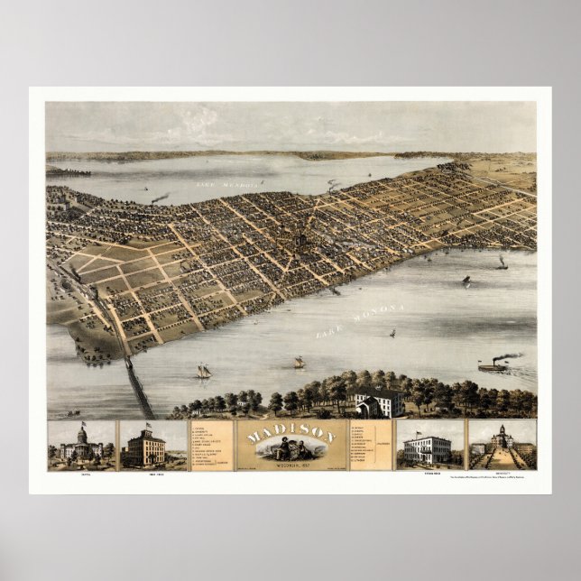 Póster Madison, Mapa Panorâmico do WI - 1867 (Frente)