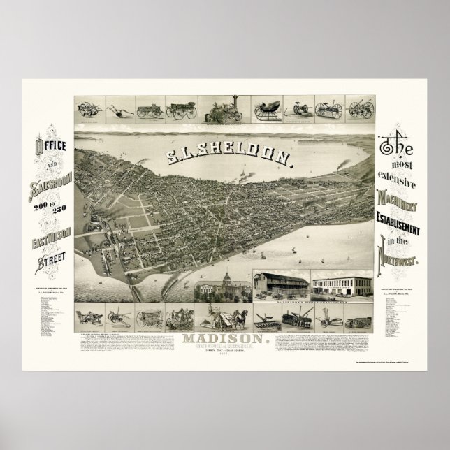 Póster Madison, Mapa Panorâmico do WI - 1885 (Frente)