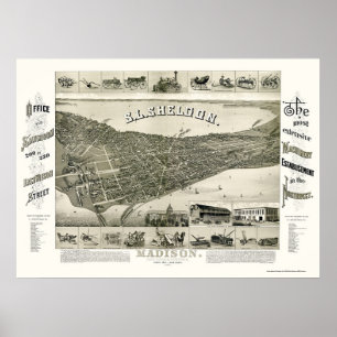 Póster Madison, mapa panorâmico dos WI - 1885