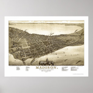 Poster Madison, mapa panorâmico dos WI - 1885b