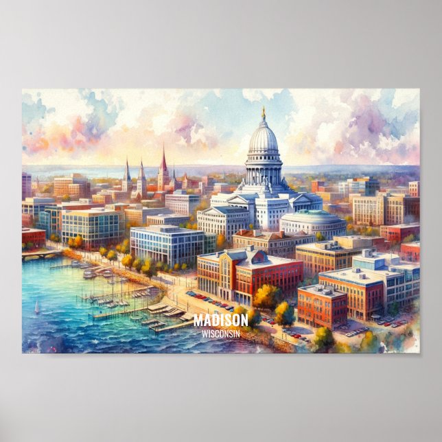 Poster Madison Wisconsin Viagem coloca aquarela (Frente)
