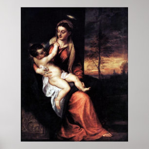 Poster Madonna e Criança Em Uma Paisagem À Noite - Titian