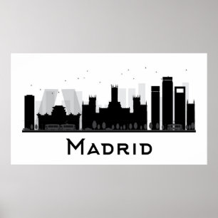Poster Madrid, Espanha Black & White City Skyline