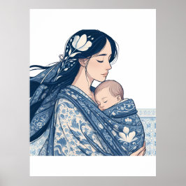 Poster Mãe e Bebê – Abraço Floral Azul Arte