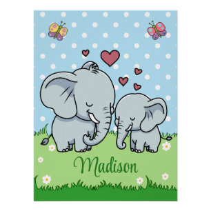 Póster Mãe e Bebê Elefante Fofos, Personalizado
