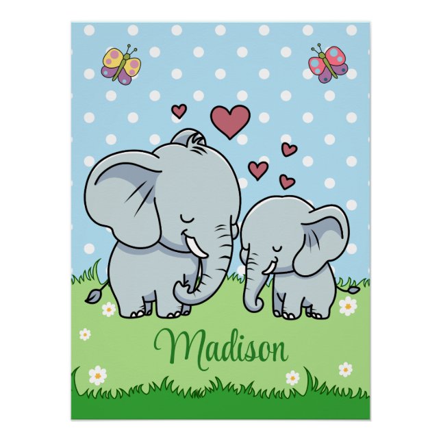 Póster Mãe e Bebê Elefante Fofos, Personalizado (Frente)