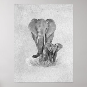 Poster Mãe e Bebê Elefante Preto e Branco  
