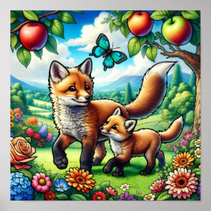 Poster Mãe e Bebê Raposa Fofo em Jardim de Flores Colorid