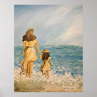 Poster Mãe e filha caminham na praia