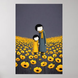 Poster Mãe e Filho de Mãos Dadas numa Flor Dourada