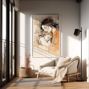 Poster Mãe e Filho Retrato em Aquarela Klimt Nouveau
