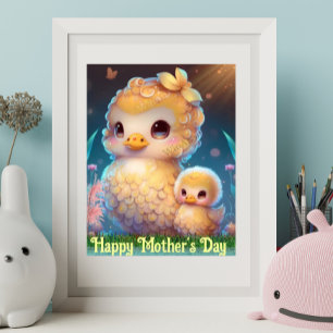 Poster Mãe e Filhote de Pato Fofo no Jardim Arte do Dia d