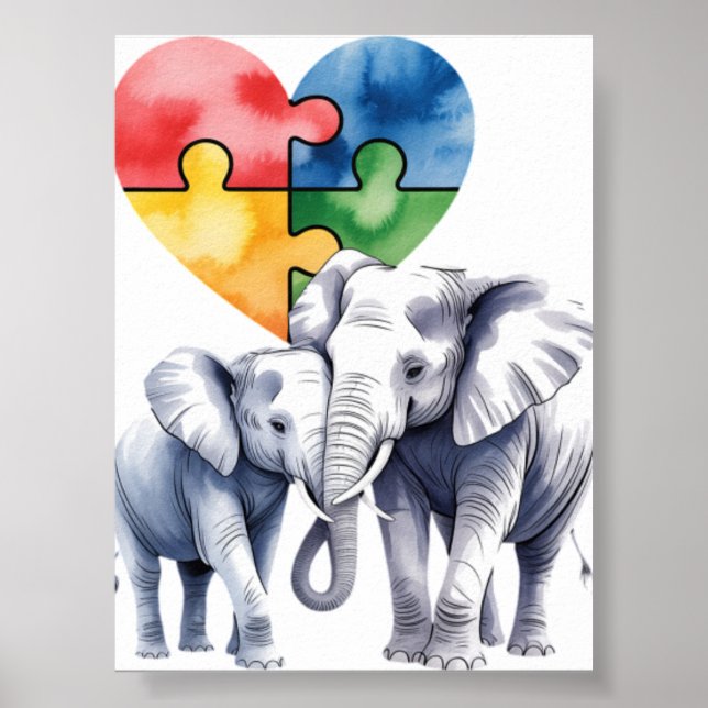 Poster Mãe Elefante com Bebê Puzzle de Conscientização do (Frente)