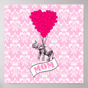 Póster Mãe, elefante e balões cardíacos