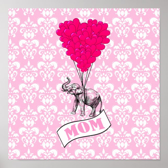 Póster Mãe, elefante e balões cardíacos (Frente)