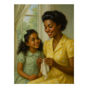 Póster Mãe ensinando Filha a Knit