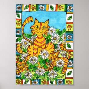 Póster Mãe Gato e Gatinhos em Daisy Patch Mini Arte Folc