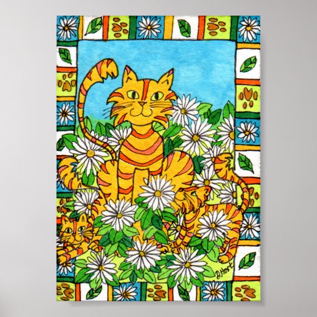 Póster Mãe Gato e Gatinhos em Daisy Patch Mini Arte Folcl (Frente)