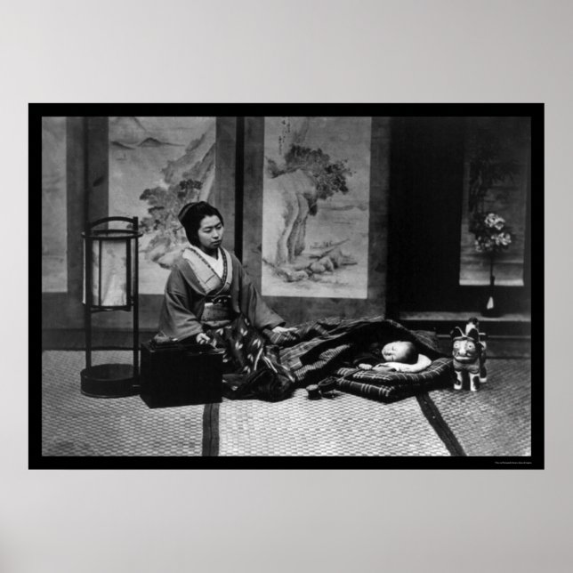 Poster Mãe japonesa com seu bebê adormecido 1909 (Frente)