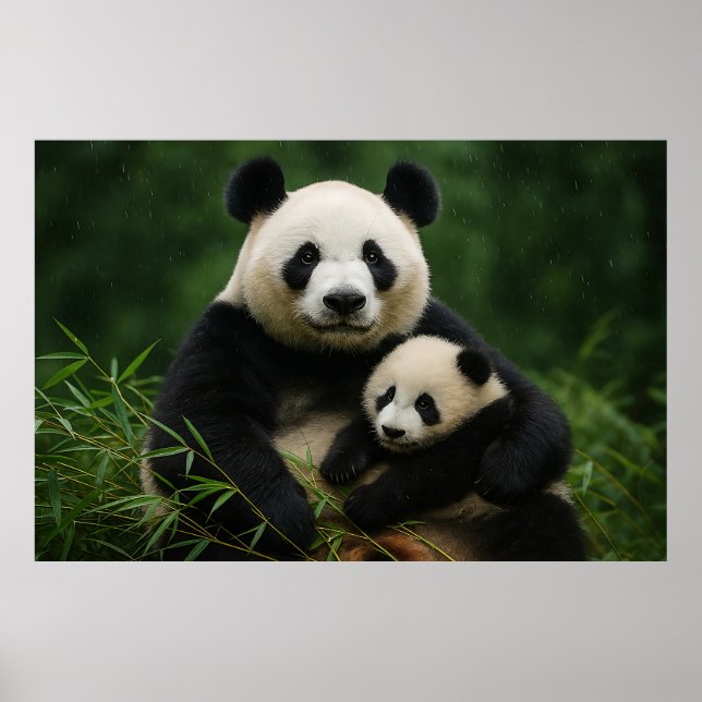 Poster Mãe Panda e Filhote na Chuva Suave (Frente)