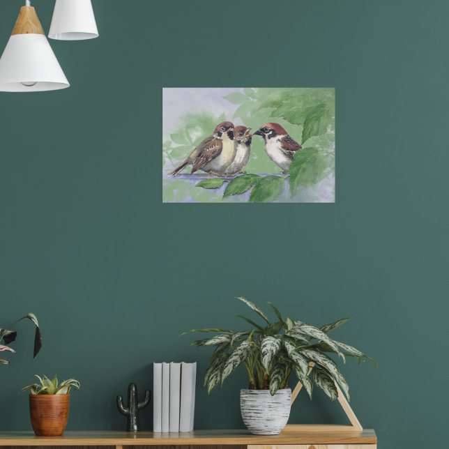 Poster Mãe Pardal Aquarela Alimentando os Filhotes (Sala de Estar 1)