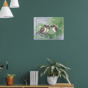 Poster Mãe Pardal Aquarela Alimentando os Filhotes