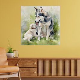 Poster Mãe Siberiana Cachorro Cachorro Mamãe Paint Fundo