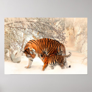 Poster Mãe Tiger e Cub na Floresta Neve