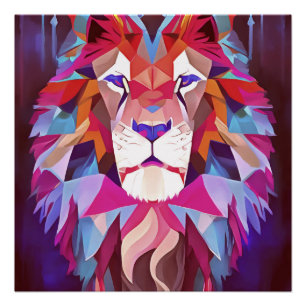 Póster Magenta Geométrica Lion Abstrato Art
