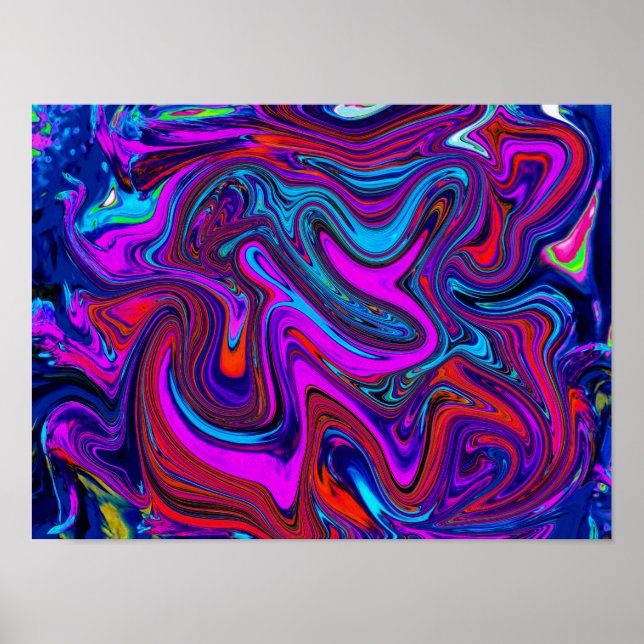 Poster Magenta marmoreada, Abstrato azul e vermelho (Frente)