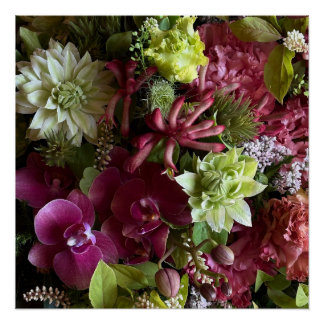 Póster Magenta Pink Orchid and Green Clematis Floral Post