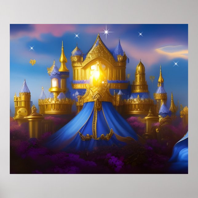 Poster Magia de fantasia azul-ouro Castle (Frente)