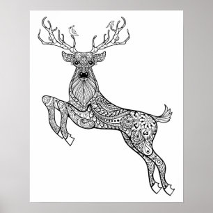 Póster Magic Horned Deer With Birds Doodle 2