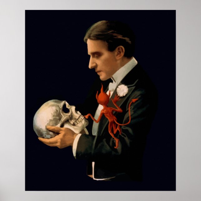 Póster Mágico Vintage, Thurston segurando uma caveira hum (Frente)