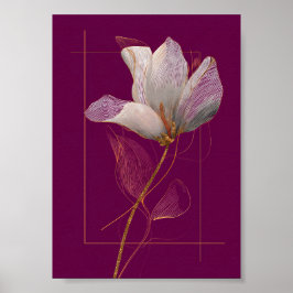Poster Magnólia Branca com Linhas Douradas Magenta
