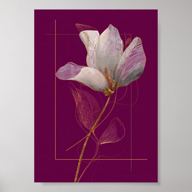 Poster Magnólia Branca com Linhas Douradas Magenta (Frente)