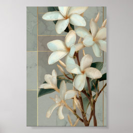 Poster Magnólia Branca Floral Linha Dourada Mármore