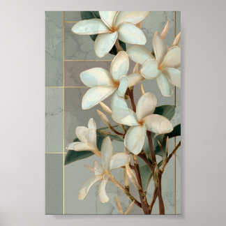Poster Magnólia Branca Floral Linha Dourada Mármore