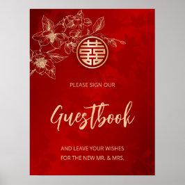 Poster Magnolia Chinesa Casamento Red Floral Guestbook