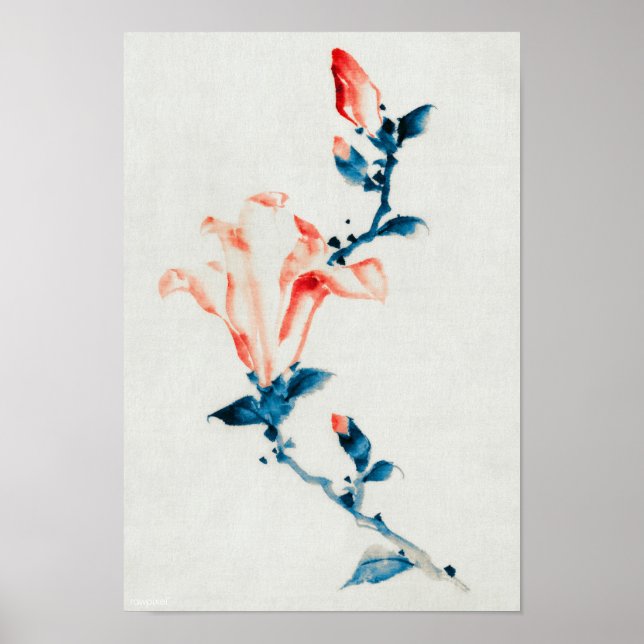 Poster Magnolia Rosa, Hokusai, Ukiyo-e (Frente)