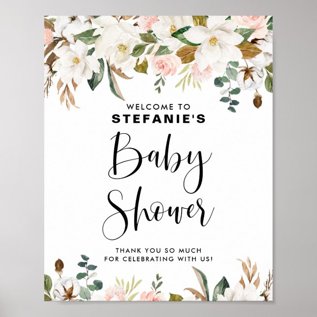 Poster Magnolias e Cotton Garland Chás de fraldas Bem-vin (Frente)