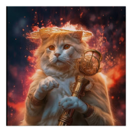 Póster Mago Gato Com Cajado Mágico Em Meio às Chamas