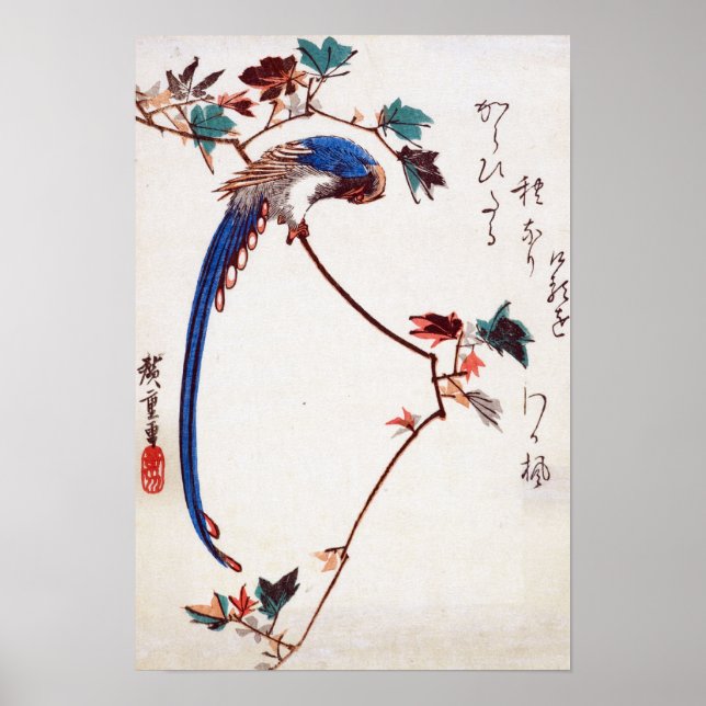 Póster Magpie Azul na Ramificação do Maple por Hiroshige (Frente)