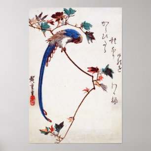 Póster Magpie azul no ramo do bordo por Hiroshige