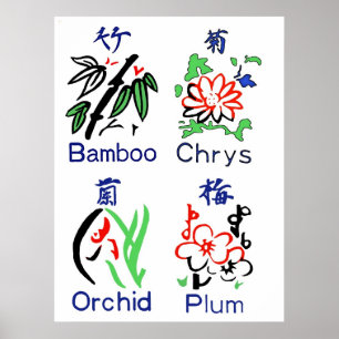 Poster Mahjong Flower Suits,Blue,Red,Green,Black on White