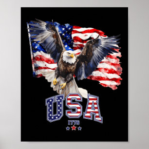 Poster Maiestosa Águia Balda Americana Com Bandeira Ameri