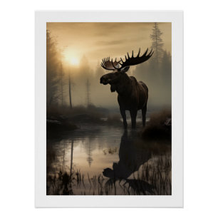 Póster Maiestoso alce no Ouro brilhante do amanhecer