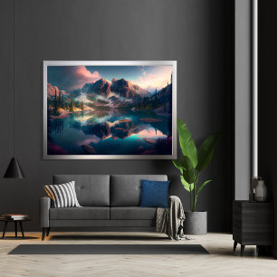Poster Maiestoso monta lago espelho com luz suave