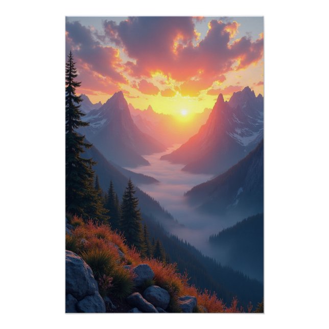 Póster Maiestoso nascer do sol sobre montanhas - declive  (Frente)